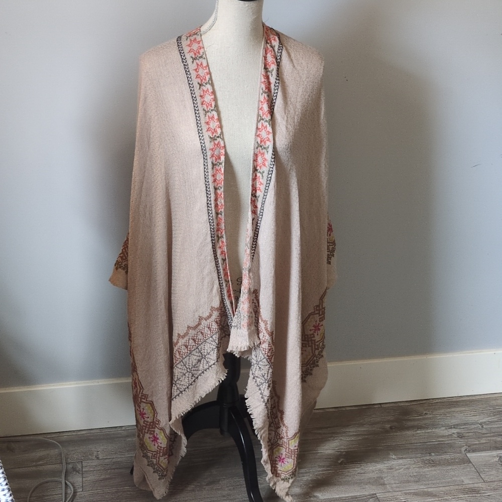 VISMAYA Beige Open-Weave Layering Boho Kimono Cardigan OS